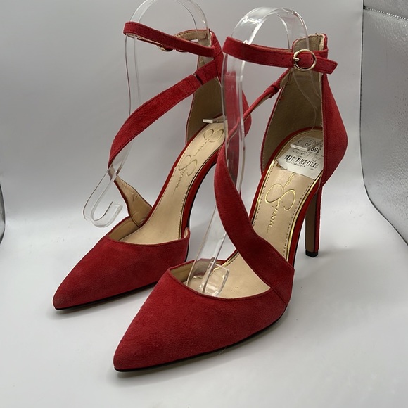 Jessica Simpson Red Strappy High Heels Stiletto Shoes Pumps Suede Leather Ankle - Picture 4 of 15